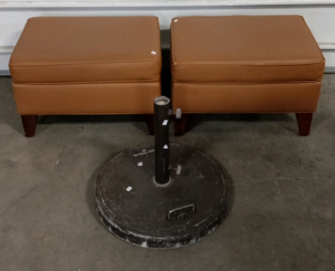 (2) Tan Foot Stools and (1) Umbrella Stand