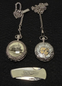 (1) Mens Stainless Steel Glass Pocket Watch & (1) Mens Pocket Watch Train Picture With Knife