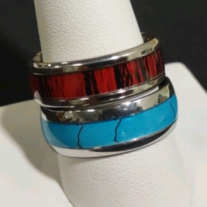 (1) Size 10.75 Men's Nordic Blue/Silver Toned Wedding Band & (1) Size 10.25 Men's Nordic Red/Silver Toned Wedding Band