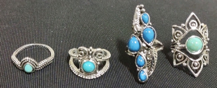 (4) Assorted Sized Women's Silver Toned Turquoise Studded Rings