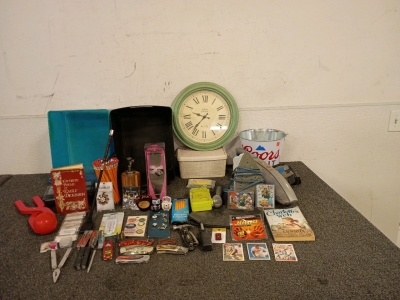 Roman Numeral Clock, Coors Tin Bucket, Various Pocket Knives, And More