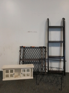 Small Cabinet, Wood Ladder, Evenflo Gates & Metal Basket