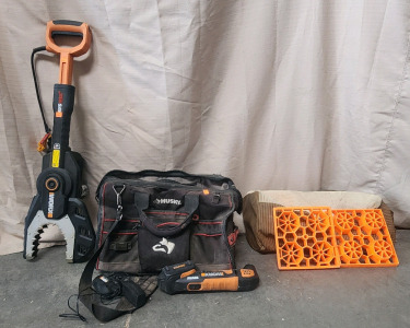 Worx JawSaw Chainsaw. Husky Tool Bag, Worx WX682L 20V Cordless Oscillating Multi-Tool, And Tri-Lynx 00015 Lynx Levelers