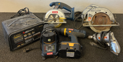 Ryobi Saw, Skilsaw Saw, Stanley Drill, Ryobi Drill, Schumacher Battery Charger, Two 18V Batteries & Battery Charger