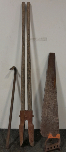 Antique Post Hole Digger, Crow Bar & Hand Saw