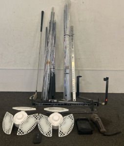 Assortment Of Golf Gear, Screw-In Garage Lights, And Game Caller