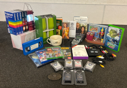 Vintage 1993 Jim Beam Straight Bourbon Whiskey Limited Edition Belt Buckle, The Grinch And Blue&rsquo;s Clues VHS&rsquo;s, RadioShack 2-in/1-Out Composite A/V Selector Switch And RCA Cables, 4 Pack Stainless Steal Insulated Wine Tumbler, Mom Fuel Wine Glass Set, An