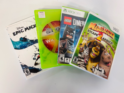 (3) Wii Game Discs: Disney Sing It, Epic Mickey, Madagascar 2 Escape Africa and (1) New Xbox 360 Game Disc: Lego Dimensions