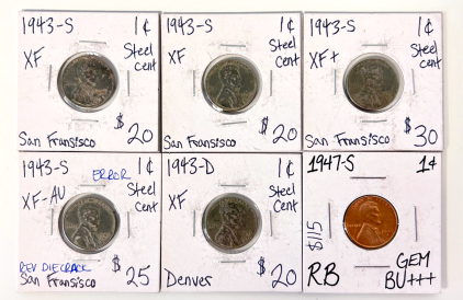 (4) 1943-D/S Steel Pennies (1) With Mint Error and (1) 1947 Copper Penny