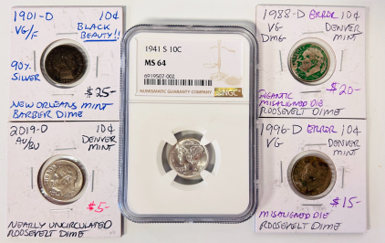 1901-D Barber Dime, 1941-S NGC Graded Mercury Dime, 1988-D Roosevelt Dime Mint Error, 1996-D Roosevelt Dime Mint Error, and 2019-D Roosevelt Dime