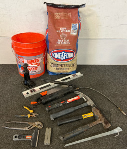 Bag Of Charcoal, 5 Gallon Bucket, Various Hand Tools & Hydraulic Jack