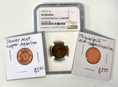 1917-S VG Details "Environmental Damage" Wheat Penny, Philadelphia Mint Copper Medallion, and Denver Mint Copper Medallion