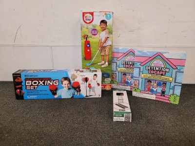 Jumbo Golf Caddy, Detention Escape Board Game, Boxing Set, And Cue Wall Rack
