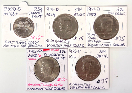 2020-D Salt River Bay Quarter, (2) 1971-D Kennedy Half Dollars Mint Errors, 1973-P Kennedy Half Dollar Mint Error, and 1983-P Kennedy Half Dollar Mint Error