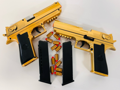 (2) Gold Shell Action Air Soft 1911 Play Guns