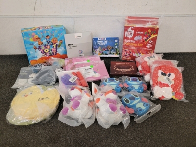 Toys For Kids, Including Fidget Toys, Plushies, A Paint Set, Jewelry Making Kits, And Stitch Lanyards And Pouches.