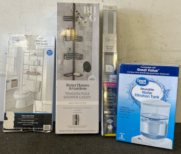 Tension Pole & Shower Caddy, 3 Shelf Bathroom Space Saver, Blackout Curtain & Reusable Water Filtration Tank