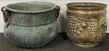 Vintage Copper Pot & Brass Planter With Lion Head Handles