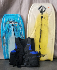 Krypton Scott Burke Hydro-Hull Bodyboard, CBC Bodyboard, And A XXL Adult Sized Life Jacket.