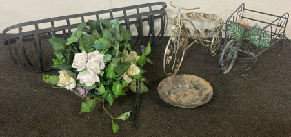 (2) Large Planter Baskets, Small Planter Baskets, Bicycle & Wheelbarrow Planter