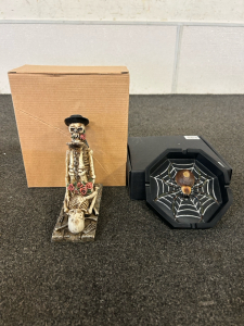 (2) Couple Love Skeletons Cheese Knife Holder And (2) Spider Web Spider Ash Trays