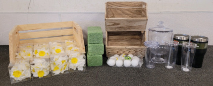 Decorative Wooden Bins, Plastic Daffodils, Floral Craftong Foam, And Cups