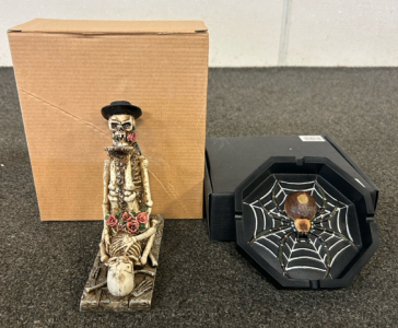(2) Couple Love Skeletons Cheese Knife Holder And (2) Spider Web Spider Ash Trays