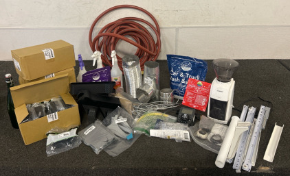 100ft 3/4" Watering Garden Hose With Hose Watering Timer, Encore Coffee Grounder, Ortronics TracJack Furniture Bezel, Disinfectant Cleaner Powder, Bug Remover Powder, Car Wash Powder, All With Spray Bottles, Car Seat Gap Cup Holder, And More