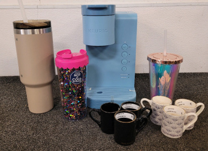 Kerrigan K-Express Coffee Maker And Various Cups, Including Coffee And Espresso
