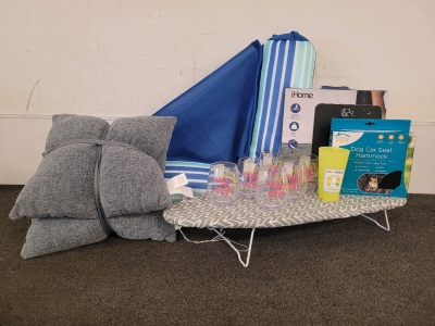 Noodle Sling, Cups, Bathroom Scale, Throw Pillows, Mini Ironing Board, And Dog Car Seat Hammock