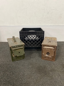 (2) Metal Ammo Cans and Plastic Crate