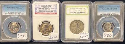 NGC James Madison One Dollar, 1940 Walking Liberty INB, And (2) PCGS Nickles