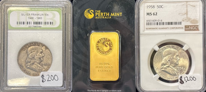 (2) Franklin 50cent Coins NGC/INS And Perth Mint Gold Ounce (Unverified)