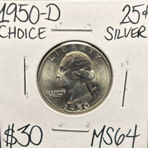 1950-D MS64 CHOICE SILVER WASHINGTON .25c