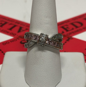 Sterling Silver Ring with Diamond and Pink Gemstones, Intertwined Design