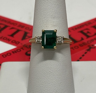 14K Gold Ring with Emerald Cut Emerald and Diamond Accents