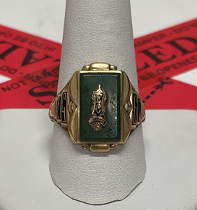 Jostens 10K Gold Class Ring, E.C. High School, Green Enamel Gemstone