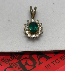 Sterling Silver Gold-Plated Pendant w/ Green Oval Gemstone and Clear Stones