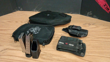 Gear! (2) Handgun Range Bags-Full Frame, Compact, Subcompact. Real Avid Handgun Dual Mag Pouch and Amberide Holster for Square Frame Compact