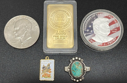 1978 Eisenhower Dollar, 1 oz 9999 Fine Gold Bar (Unverified), Trump Coin, Turquoise Ring