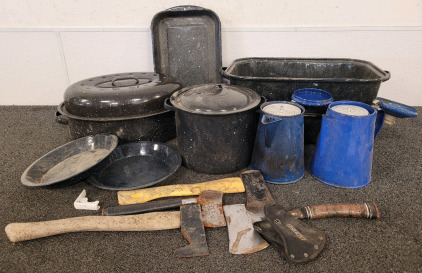 Camping Lot! Includes Hatchets, Granite Ware Porcelain Enamel Pots And Pans, Enamle Coffee kettle