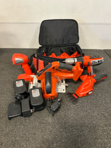 Black and Decker Set: Drill, Circular Saw, Light, Hedge Trimmer, (2) Batteries and Chargers