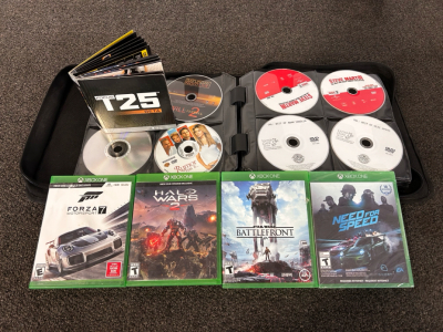 Binder With Movies and Music Discs, (4) X Box One Games, and Beachbody Focus T25 Workout Discs