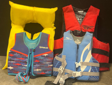 (4) Lifejackets &mdash; Adult Super Large, Adult Universal, Child & 2-4yr