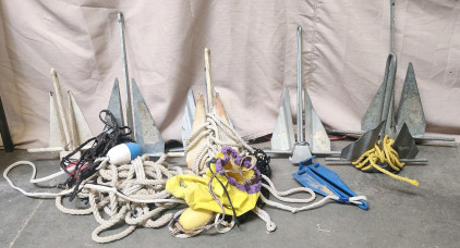 Anchor's Aweigh Lot- (8) Anchors and Rope. Also Includes A Wheelbarrow