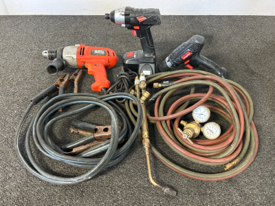 Black and Decker Drill, (2) Drill Master Drills with Battery, Jumper Cables and Torch Hose with Attachments