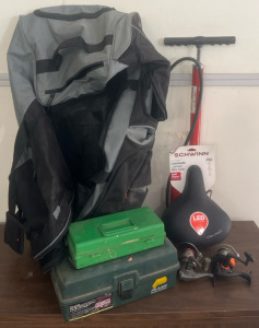 Outdoor Sporting Goods Including Bike Seat, Bike Pump, Fishing Reels, Tackle Boxes & Duffel Bag W/ Wheels