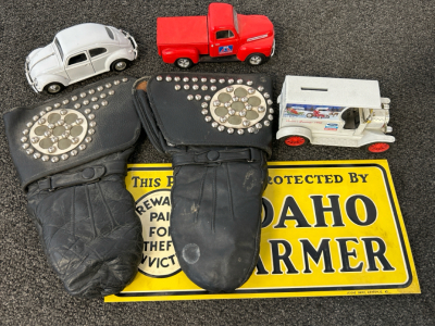 Vintage Leather Gloves, Metal Sign and (3) Collectible Die Cast Cars