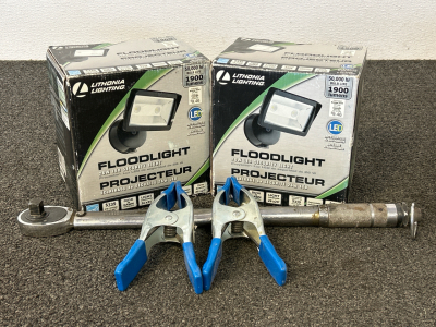 (2) Lithonia Lighting Floodlights, Pair Of Clamps, and Torque Wrench
