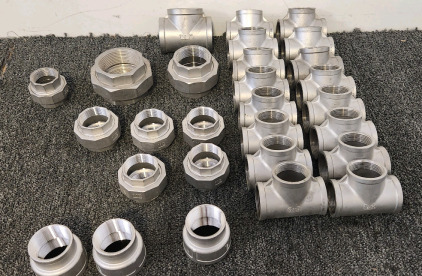 Various Stainless Pipe Fittings (16) 1.5"&times;1.5" Tee's. (3) 2"x1.5"Reducers (5)1x1/2"x1"x1/2" Unions.. (1) 1"1/4" Union . (1) 2"1/2" Union (5) 1"1/2" Unions (1) 2"&times;2" Union.. (1)2"x2"&times;2" Tee..